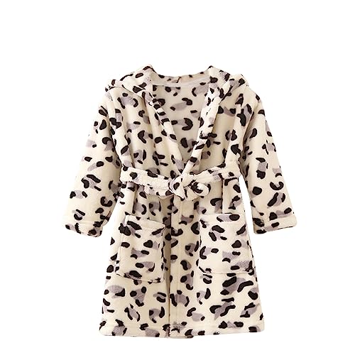 Image of Toddlers /Kids Hooded Robe Soft Fleece Bathrobe Children Pajamas Baby Plush Robe (Black Leopard, 4T)