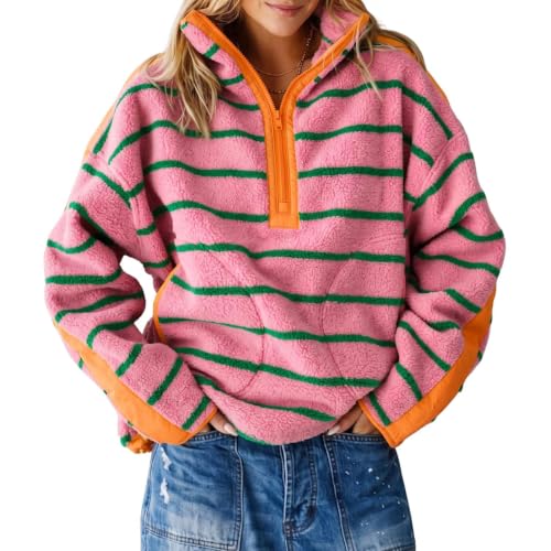 Striped Quarter Zip Pullover Women Fleece Jacket Mock Neck Sweatshirt - image 1