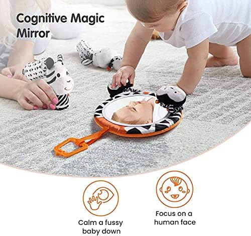 Baby Hanging Toys Gift Set Mirror Black and White Plush Rattles Rings and Crinkle Cloth Book for Pram Car Seat Activity Stroller Hanging Toy for 3 6 9 12 Months Newborn Boys Girls Kids