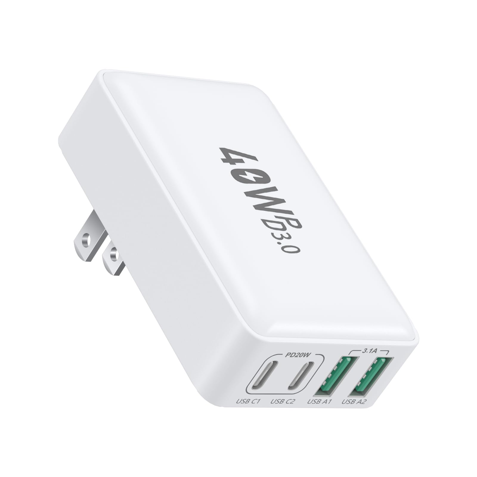 USB C Wall Charger Flat, OKRAY 40W 4-Port QC+PD3.0 Slim USB-C Fast Charging Block with Foldable Plug, Multiport Portable Power Adapter Compatible for iPhone 15/14/13/12/11/iPad, Samsung GalaxyS23 Note