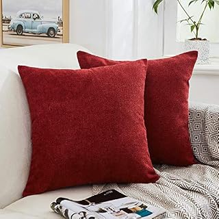 MERNETTE New Year/Christmas Decorations Thick Chenille Decorative Square Throw Pillow Cover Cushion Covers Pillowcase, Home Decor for Party/Xmas 18x18 Inch/45x45 cm, Burgundy, Set of 2