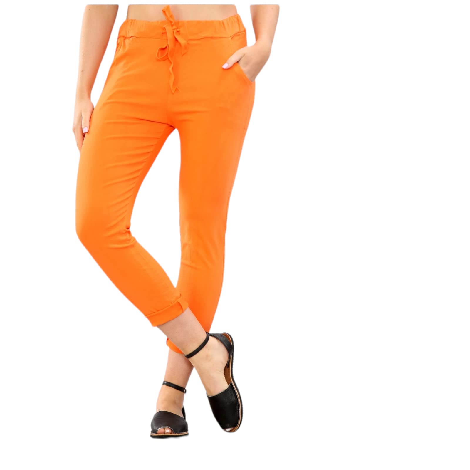 Pantaloni magici da donna elasticizzati tinta unita comodi Lagenlook pantaloni magici elastici schiacciati italiani joggers taglie forti 8-22, Arancione, 40-48