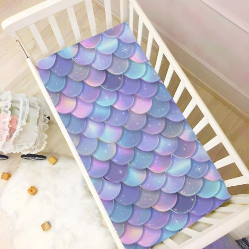 Image of Sea Mermaid Scales Crib Sheets Soft Breathable Fitted Baby Crib Sheets Mattress Cover for Girls Boys, 52 inch x 28 inch x 9 inch