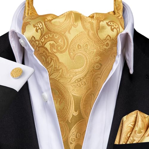 Image of Hi-Tie Silk Ascot for Men Self Tie Men's Cravat and Flower Lapel Pin Handkerchief Cufflinks Set for Wedding Party