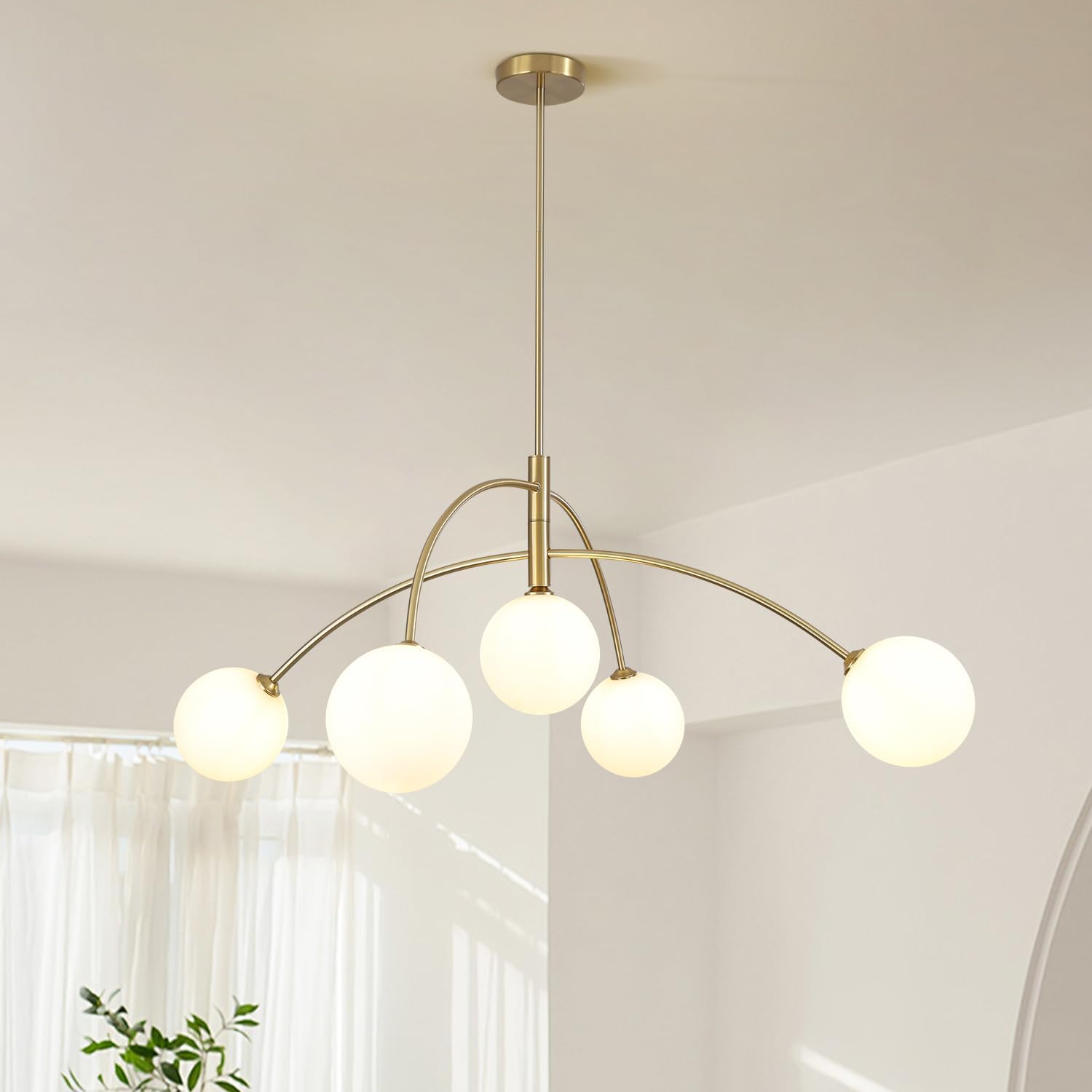 Contemporary Gold Ceiling Light 5-Light Glass Globe Lights Mid Century Modern Sputnik Chandelier for Dining Room Kitchen Bedroom Lighting Fixture A Gold-White INCOMPLETE