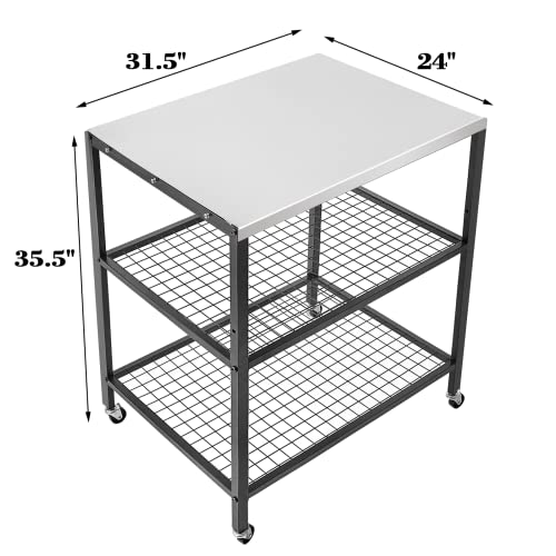 Weashume Stainless Steel Grill Cart Pizza Oven Stand Trolley Table With Wheels Three-Shelf Movable Food Prep And Work Cart Table Heavy Duty Grill Cart Outdoor Cart 31.5"×24"×35.5" #TOP2