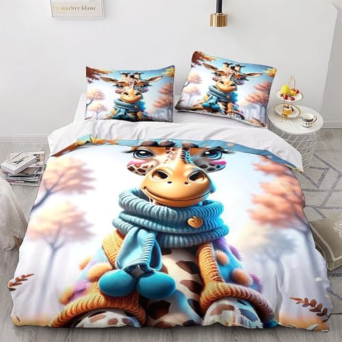 Parure de lit girafe 220x240 cm en microfibre avec housse de couette et taies d'oreiller
