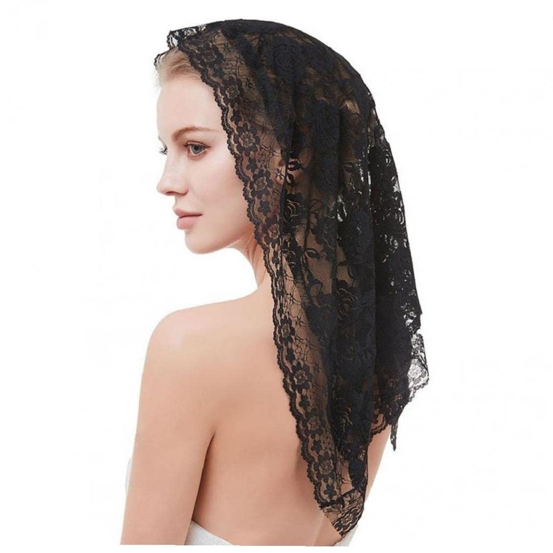 Casiler Women's Black Chapel Veil Spanish Style Lace Mantilla Veil Short Shawl Triangle Scarf Traditional Catholic Head Cover