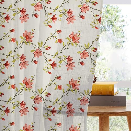 Image of LINENWALAS Cotton Linen Printed Sheer Curtain Set of 2 Panels with Eyelet Ring Hanging, Floral Printed Door Curtains Non Blackout Light Filtering Curtains (7 Feet x 4.5 Feet, Blossoming Vines)