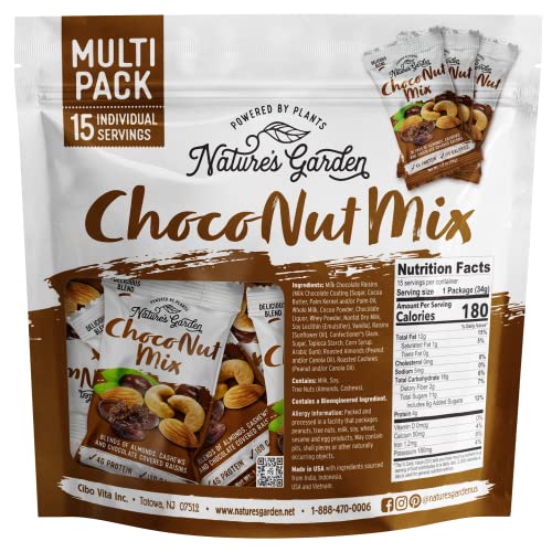 Nature's Garden Choco Nut Mix, Chocolate Covered Raisins, Almonds, Cashews, Cholesterol Free, Sodium Free, No Artificial Ingredients – 1.2 Oz Bags (15 Individual Servings)