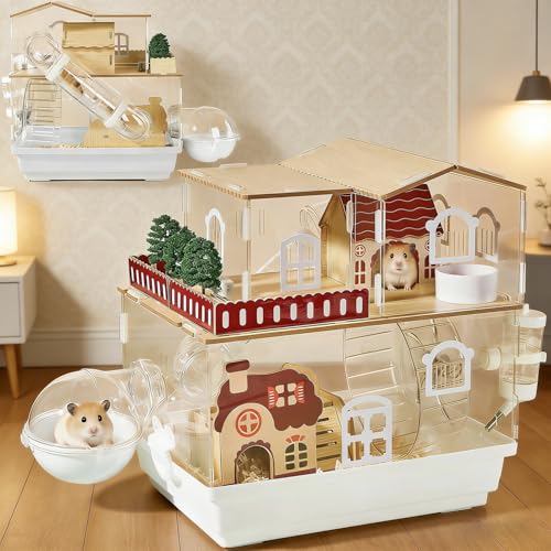 SPNOR 12 in 1 Clear Acrylic Hamster Cage with All Accessories 35cmL* 26cmW* 37cmH Dwarf Hamster Cage Magnetic Connection Small Hamster Enclosure Garden Style Wooden Mouse Cage for Pet Mice