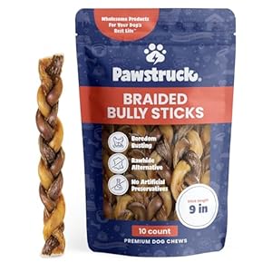 Pawstruck Natural 9” Braided Bully Sticks for Dogs – Tough Long Lasting, Rawhide Free, Low Odor, Healthy Single Ingredient Chew Treat for Aggressive Chewers – 10 Count – Packaging May Vary