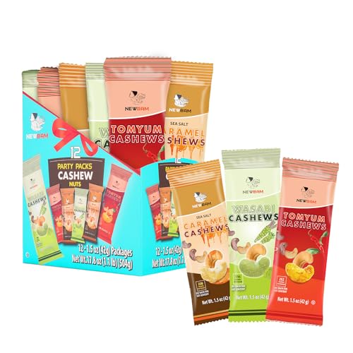 Image of NEWBAM Party Mix Cashews - 12 Individual Packs (1.5oz) - 3 Bold Flavors | 4 packs each: Wasabi, Tom Yum, Sea Salt Caramel. Vegan. Individually sealed. Perfect for gifting & office snacking.