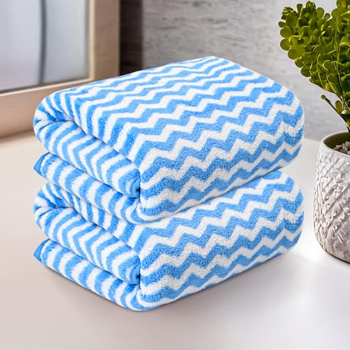 Image of Kuber Industries 2 Pcs Microfiber 19x38 Inch Soft Face Towels for Women and Men | 280 GSM Quick Dry & Absorbent Hanging Hand Towels for Wash Basin Bathroom, Kitchen and Home | Zig Zag - Blue