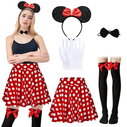 HUIKUANGEU Damen Maus Mouse Kostüm Mouse Kostüm Damen Rote Tutu mit Weiß Gepunktet Maus Ohren mit Roter Schleife Mini Maus Karneval Kostüm Damen Fasching für Karneval Fasching Mottoparty (S)