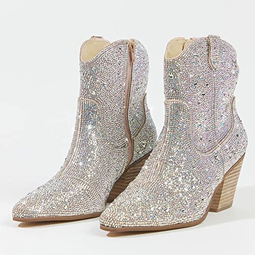 Yallmay Rhinestone Booties for Women, Sparkly Cowgirl Boots Pointed Toe Chunky Heel Rhinestone Cowboy Ankle Booties2