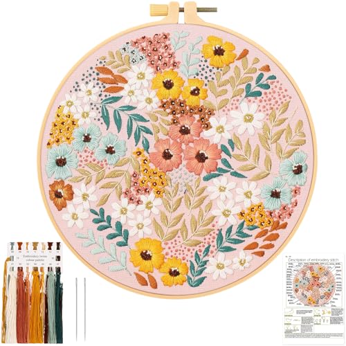 JSRQT Kit de Inicio de Bordado con Patrones de Flores y Plantas,Bordado Starter Kit,Embroidery Starter Set, Kits Punto de Cruz para Principiantes y Adultos