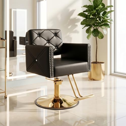 Image of Barber Chair with Rivets, Black Salon Chair for Hair Stylist, 360 Degree Swivel, Heavy Duty Hydraulic Pump, Professional Styling Chair for Salon and Spa, Gold