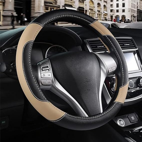 Econour Premium Microfiber Leather Car Steering Wheel Cover, Non-Slip, Breathable (Dcut Black Beige)