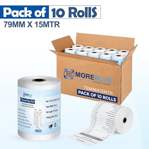 Image of MOREBLUE 79mm x 15m Pack of 10 POS White Thermal Paper Rolls, Smooth Print Billing Paper for POS Printer, Credit Card Machine & Petrol Pump Receipts