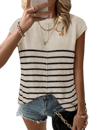 Image of Zeagoo Sleeveless Tops for Women Crew Neck Knit Cute Summer Sweaters Stripes Cream X-Large