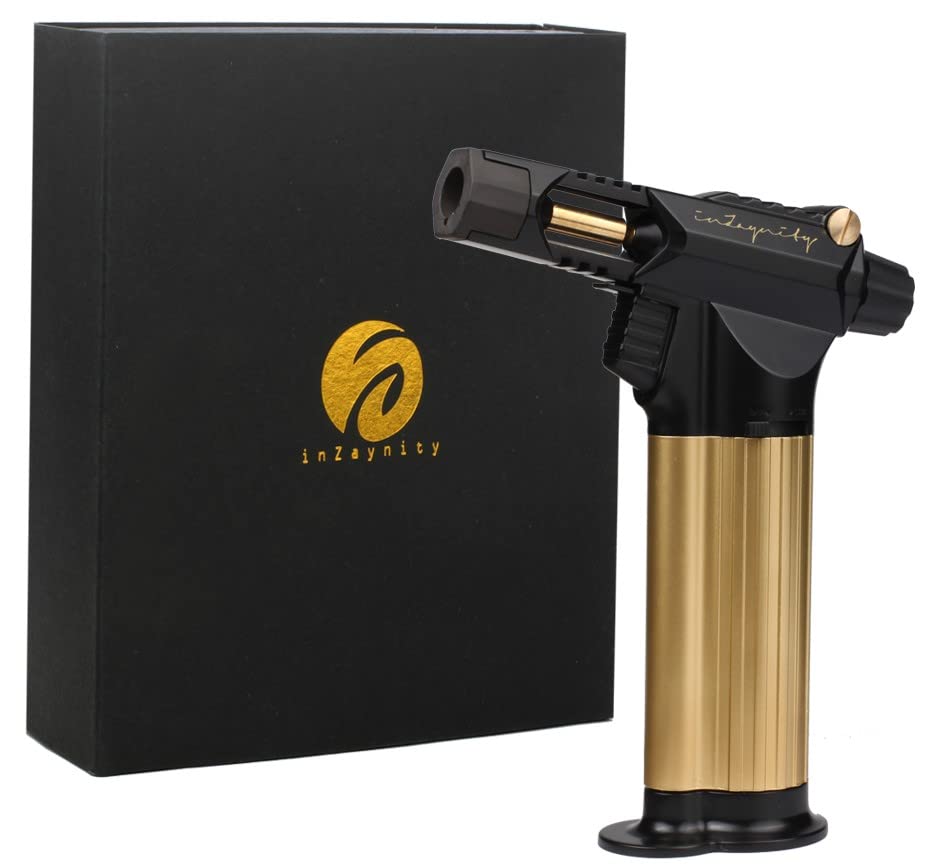 inZaynityRefillable Butane Torch Gun - The Beast Hand Held Blow Torch for Cooking, BBQ, Creme Brulee, Soldering, Welding, & Resin Art - Adjustable Flame with Ignition Lock - Black Gold