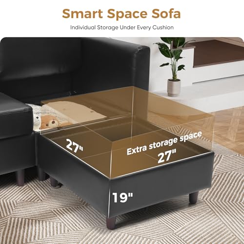 Image of ABCASA Faux Leather Modular Sectional Sofa 118.5 inch, L Shaped Couch Set for Living Room, 5-Seater Comfy Cloud Couches with Movable Storage Ottoman,DIY Combination - Black
