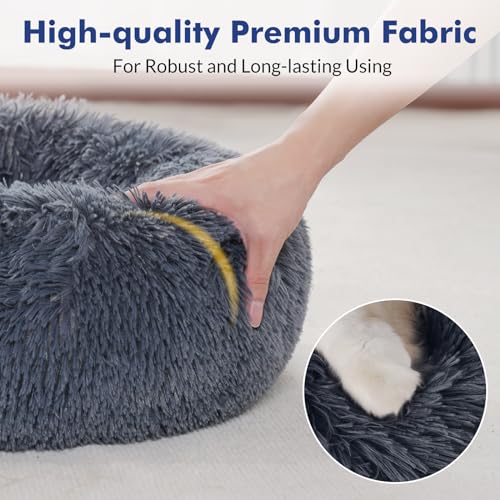 rabbitgoo Cat Beds for Indoor Cats, 20 inches Cat Bed Machine Washable, Fluffy Round Pet Bed Non-Slip, Calming Soft Plush Donut Cuddler Cushion Self Warming for Small Dogs Kittens, Dark Grey, Medium - Image 7