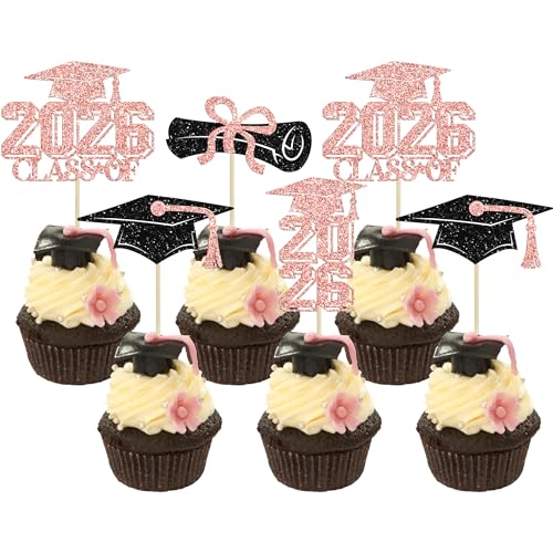 Gyufise 36Pcs 2026 Graduation Theme Cupcake Toppers Glitter Class of 2026 Grad Cap Diploma Cupcake Picks 2026 Graduation Theme Party Cake Decorations Supplies Rose Gold