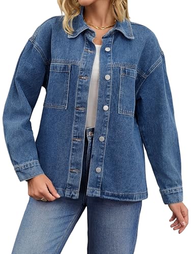 Womens Denim Jacket Casual Long Sleeve Patch Pocket Boyfriend Oversized Jean Jackets
