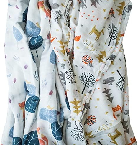 Little English Bamboo/Cotton Large Muslin Blankets for babies Ultrasoft & comfortable, for swaddling & can used as Nursing Cover, Security Blanket, light towel and More - Foxes - Pack of 2 - 120cm