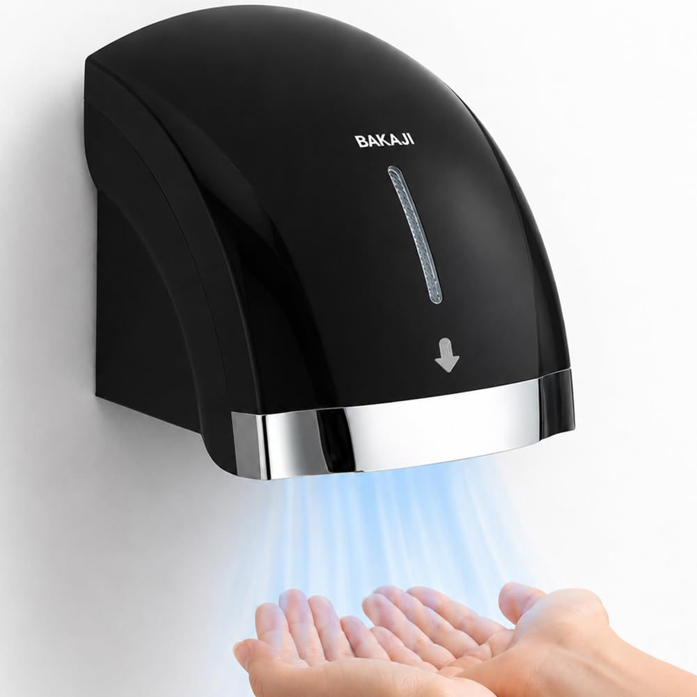 BAKAJI Secador de manos automático eléctrico de pared para hoteles, baños públicos, restaurantes, secador de manos de aire caliente de pared con sensor fotocélula, potencia 2000 W, secado de alta