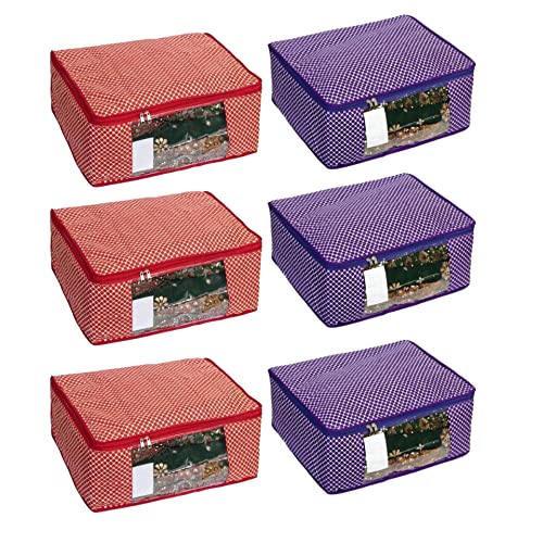 Image of Dress Cover | Cotton Bag | Cotton Saree Cover Closet Orgnizer /Saree Bags For Wardrobe Orgnizer Clothe Covers | Dress Set | Saree Organizer Bag (Pack of 6, Red + Purple)