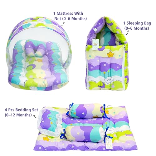 Image of Fareto Combo of Baby Bed with Net | Carry Bag | 4 Pcs Bedding Set (0-6 Months, Baby Size, Cotton) (PURPAL NEW Star)