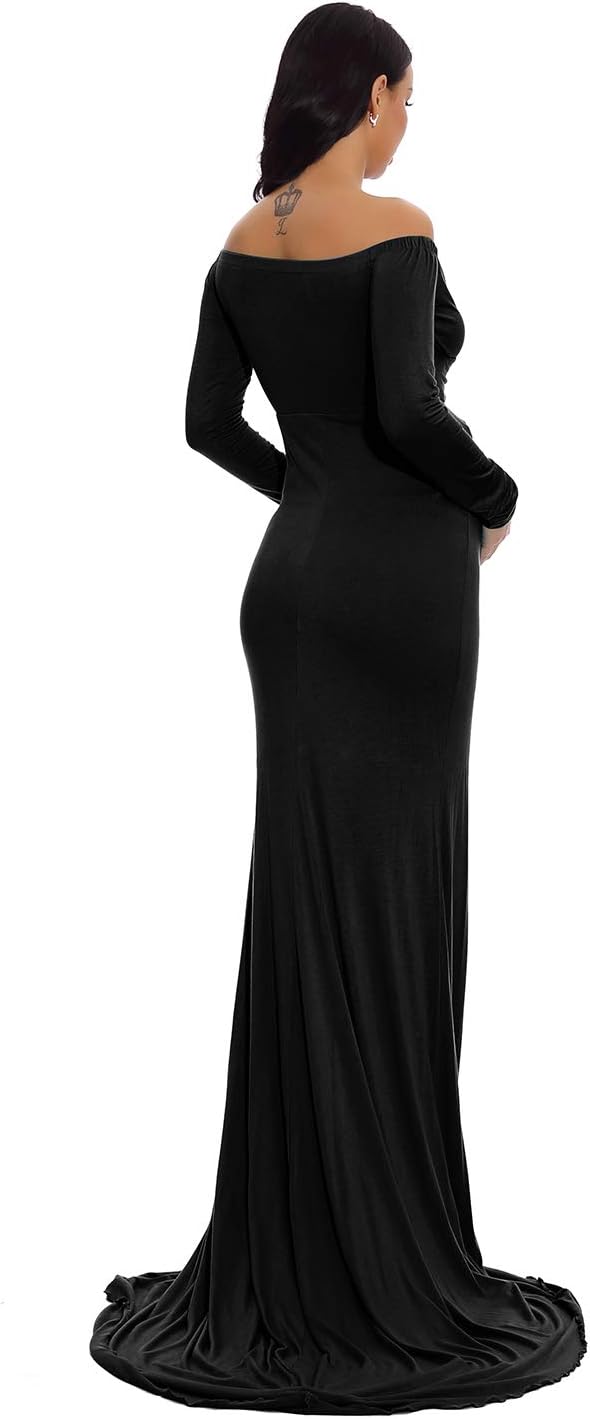 ZIUMUDY Maternity Off Shoulder Photo Shoot Photography Dress Solid Color Baby Shower Dress - Image 4