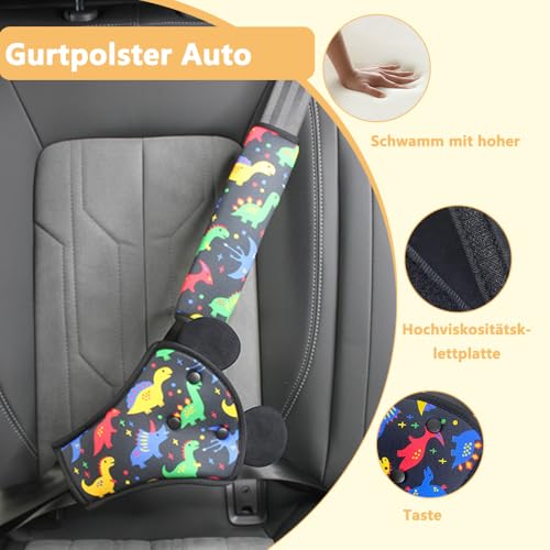 QUNXON Gurtpolster Kinder Set, Verstellbares Gurtpolster Auto, Taille Gurtpolster, Abnehmbarer Gurtschutz Kinder Auto, Schulterpolster Gurtschoner für mehr Komfort auf der Reise (Dinosaurier Schwarz)