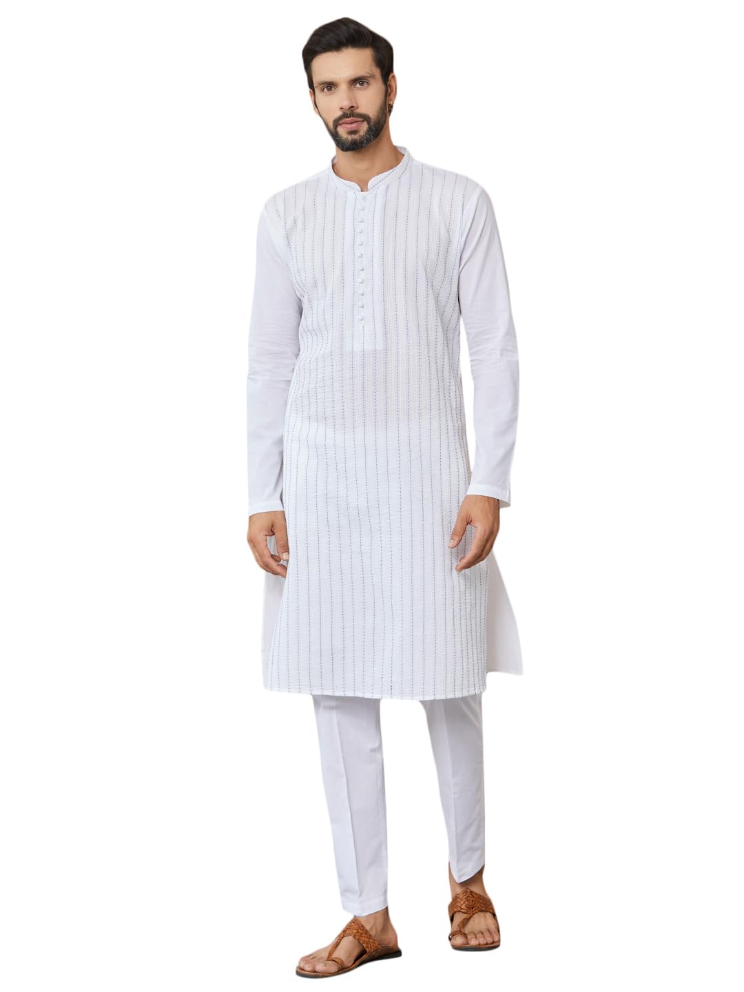See Designs Men's Long Sleeve Mandarin Collar Side Slit White Thread Worked Pure Cotton Straight Kurta - Sdkt2526Xl
