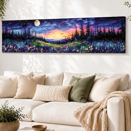 Image of Starry Sky Landscape Stretched Canvas Wall Art Painting for Living Room, Full Moon Mountain Canvas Wall Decor For Livingroom, Bedroom, Office, Hallway's, Hotel 12x46 Inch