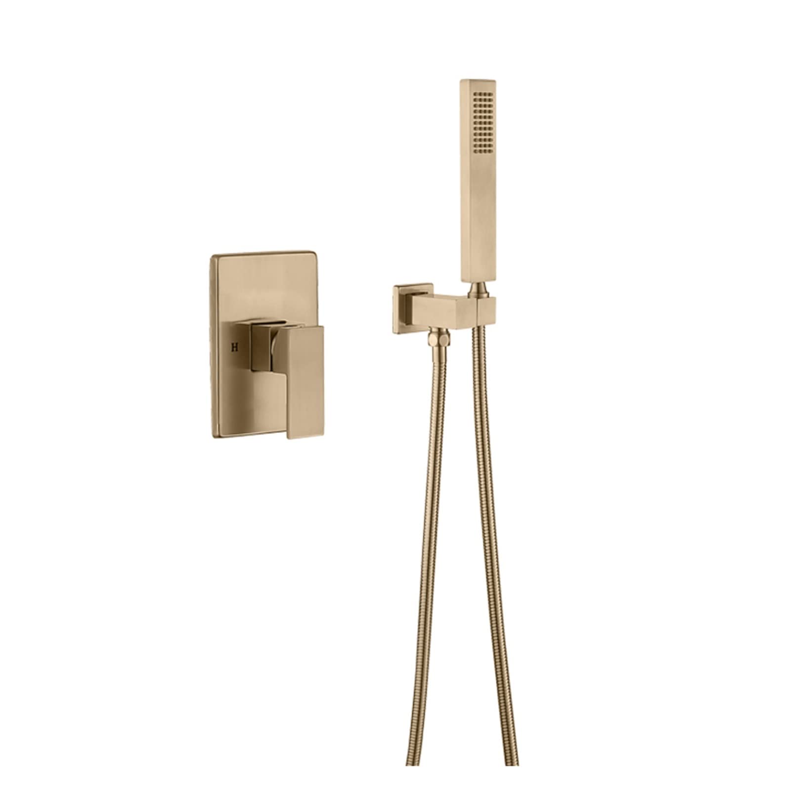 Pommeau de douche carré or brossé pour une salle de bain moderne avec mitigeur mural