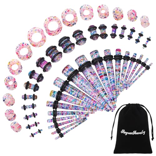 JieyueJewelry 50 Pieces Ear Stretching Kit Acrylic Tapers and Plugs + Silicone Tunnels-Ear Gauges Expander Set Body Piercing Jewelry for Women Men(Colorful Point)