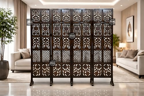 Image of Wooden Room Divider Screen, Carved,Decorative Handcrafted Privacy Screen Separator Wall Divider | Folding Partition with Floral & Jaali Design (Brown, 4-Panel)