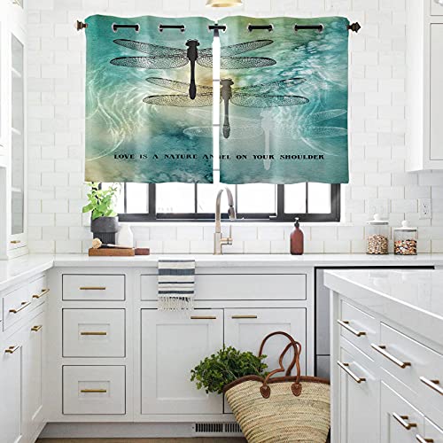 Window Curtain Panels Set Of 2,Dragonfly On Teal Turquoise Sunlight Filter Kitchen Drapes,Love Is A Nature Angle On Your Shoulder Quote Privacy Window Curtains For Living Room Bedroom Decor #TOP1