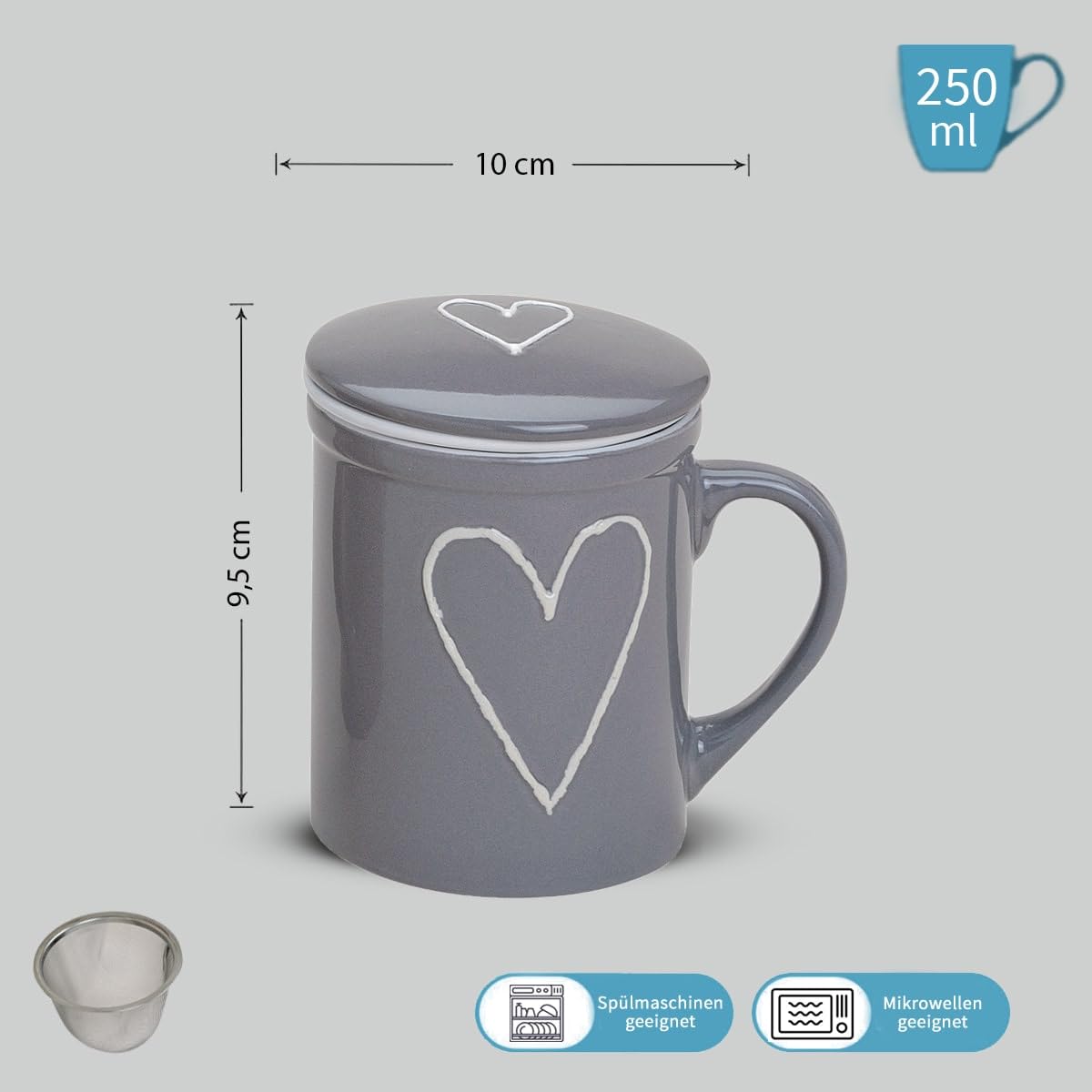 Teetassen 36er Set mit Teesieb in weiß beige grau mit Herzen - Porzellan Tassenset mit Deckel und Sieb für 300ml - Tassen mit Henkel spülmaschinenfest und mikrowellengeeignet als Geschenk