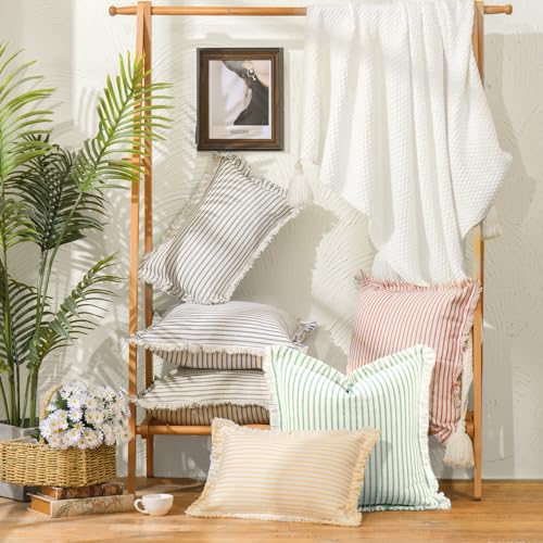 Image of ZWJD Throw Pillow Covers 16x16 Set of 2 Green Striped Pillow Covers with Fringe Chic Cotton Decorative Pillows Square Cushion Covers for Sofa Couch Bed Living Room Farmhouse Spring Decor