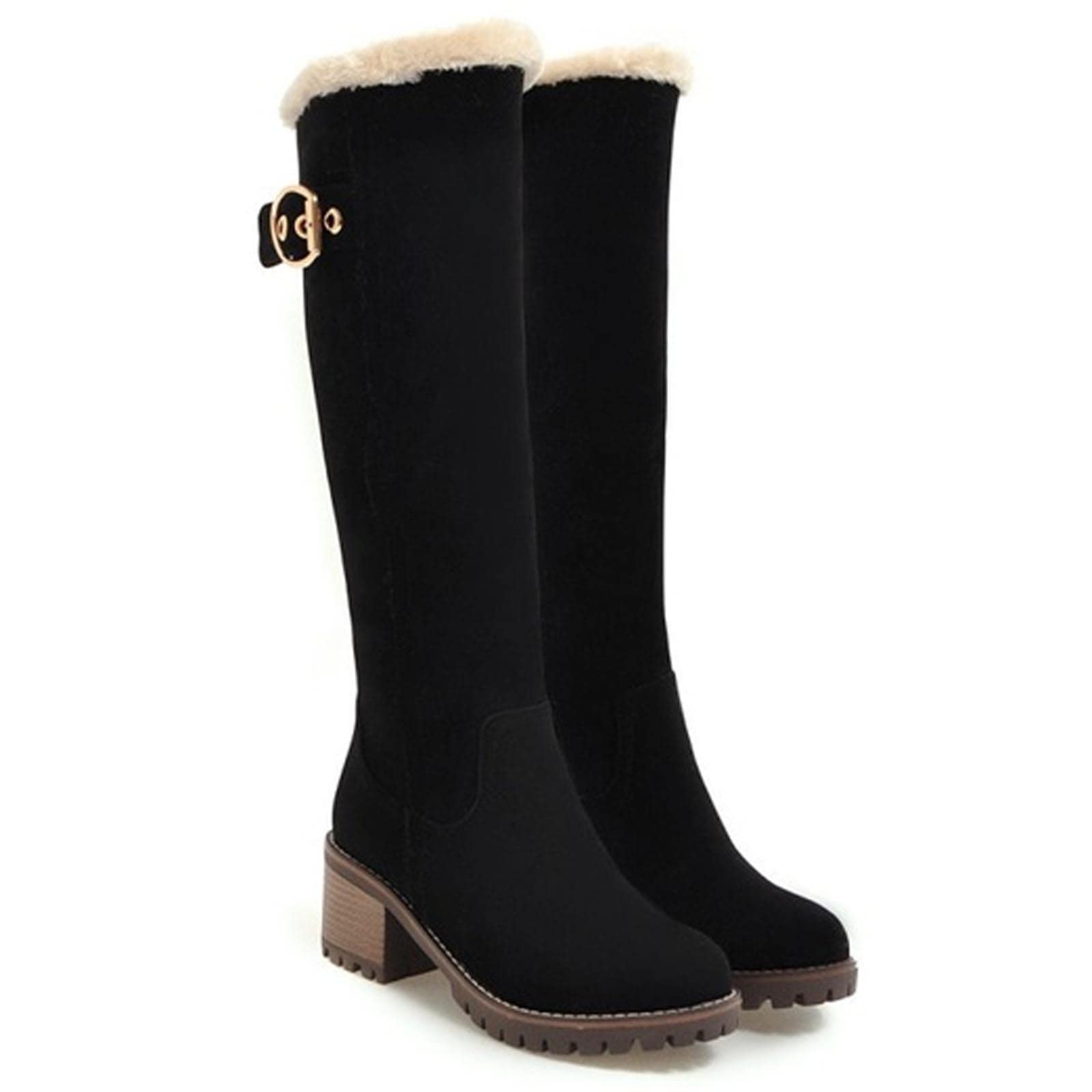 Bottes d'hiver Femme, Bottes Mustang Hautes Vintage Bottes de Neige Fourrée Chaude Escarpins Talon Moyen Tendance Chaussures Outdoor Bottes d'équitation