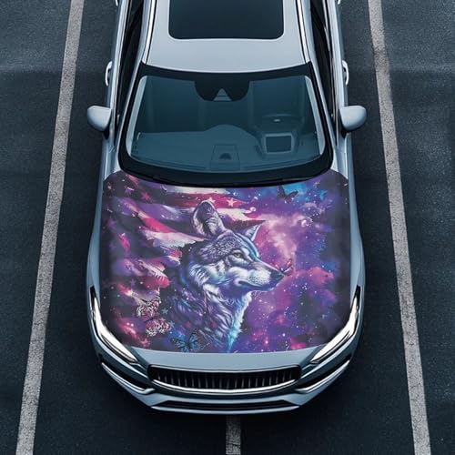 Image of Car Hood Cover Stretch Polyester Cover for Car Hood All Seasons Universal Auto Hood Protective Accessories for Sedan SUV Pickup Truck (American Flag Wolf Butterfly Design)