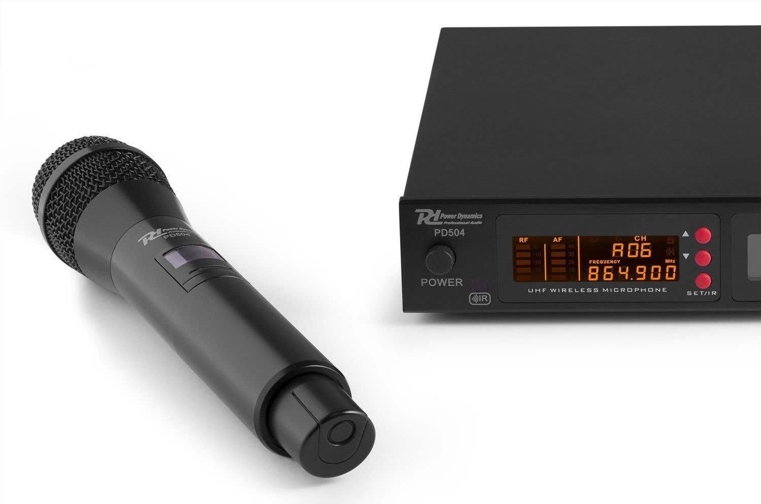 Power Dynamics PD504H - 4 drahtlose Mikrofone und UHF-Verstärker, 4 Kanal Mikrofonset, drahtlos Mikrofone, mit Display und Mute, Handmikrofon, Gesang, Sprache, Show, DJ