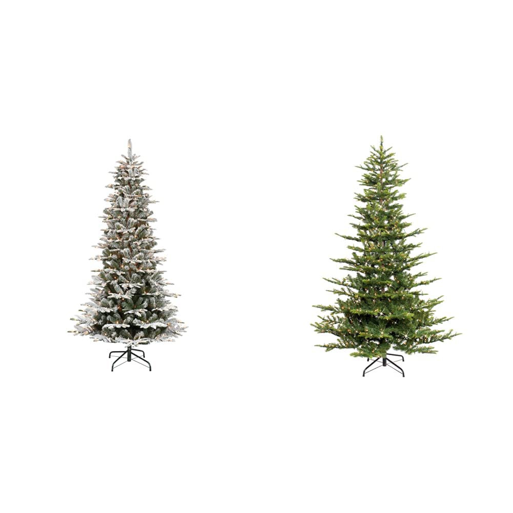 Photo 1 of **ONLY THE TREE ON THE LEFT**  Puleo International 6.5 Foot Pre-Lit Slim Flocked Aspen Fir Artificial Christmas Tree with 350 Clear Lights & 6.5 Foot Pre-Lit Aspen Fir Artificial Christmas Tree with 500 UL Listed Clear Lights,Green