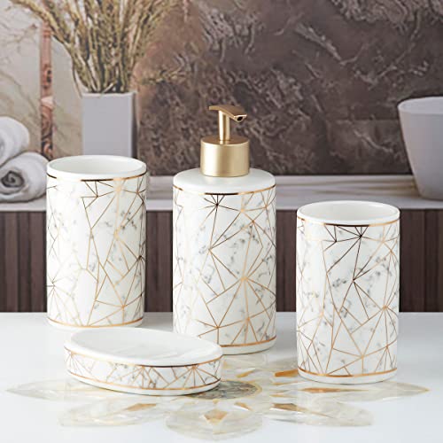Image of SaSaSa Ceramic Bathroom Accessories Set of 4 Modern Bath Set with Soap Dispenser & Toothbrush Holder, Luxury Home & Gift Idea, White /Gold (9743)