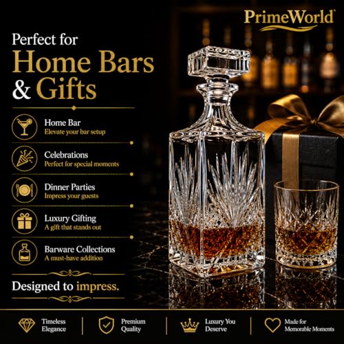 Image of PrimeWorld Whiskey Decanter - Irish Cut | 750 ml Glass Decanter for Scotch, Bourbon, Vodka, Wine & Liquor | Elegant Barware Set of 1